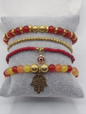 Red & Gold Hamsa Hand & Evil Eye Charm Bracelet Set X4- Ready To Gift-